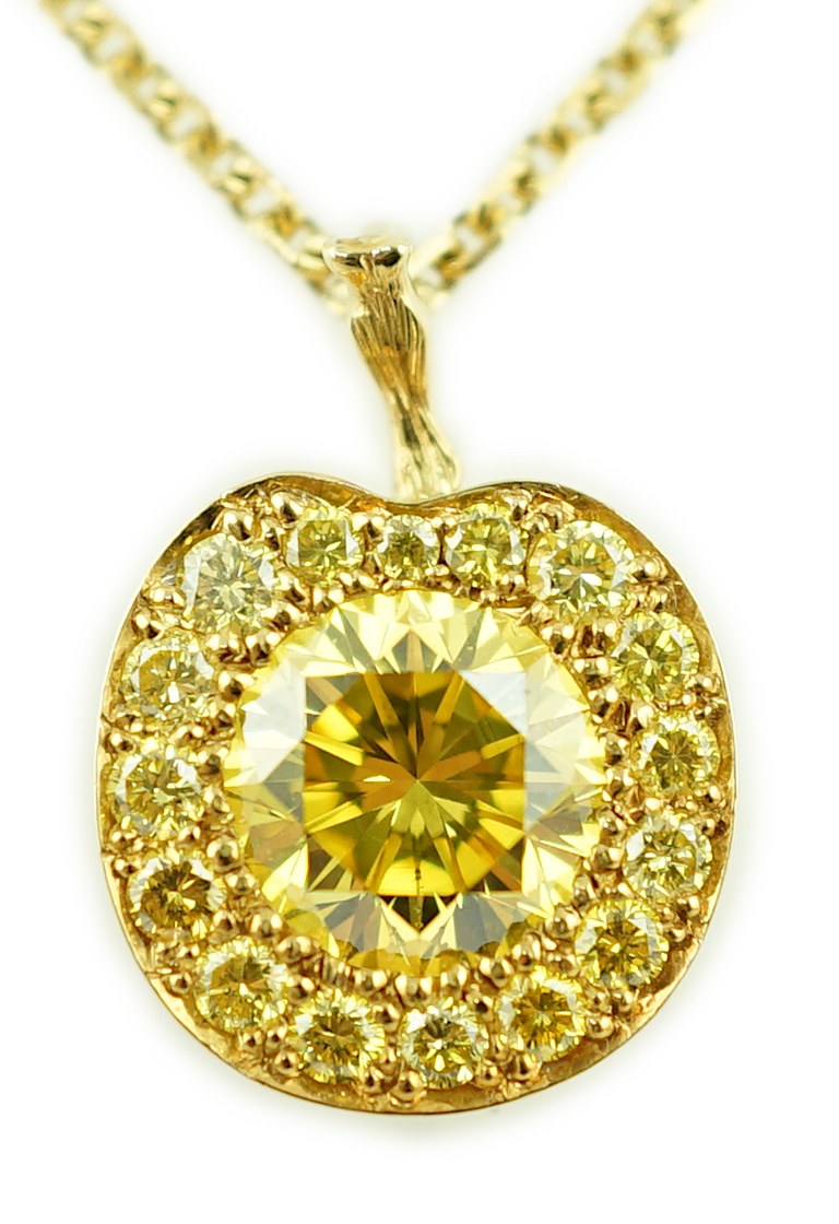 A modern Boodles 18ct gold fancy vivid yellow diamond cluster set pendant necklace on a two stone diamond set chain, with clasp and Boodles ring set with small brilliants